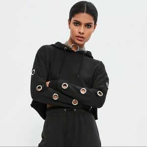 Amina Blue x Missguided Black Eyelet Crop Hoodie